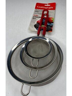 Cooking Light 3-Pc Fine Mesh Stainless Steel Strainer Set Red Silicone Handles